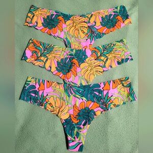 PINK Colorful Tropical Print Bikini Thong Panties Lot Of 3 Size Large NWT